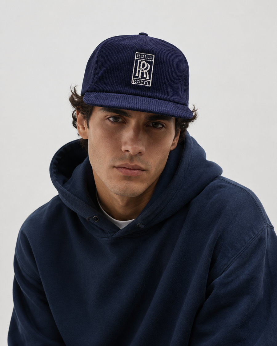 RR Monogram Corduroy Snapback Hat - Navy